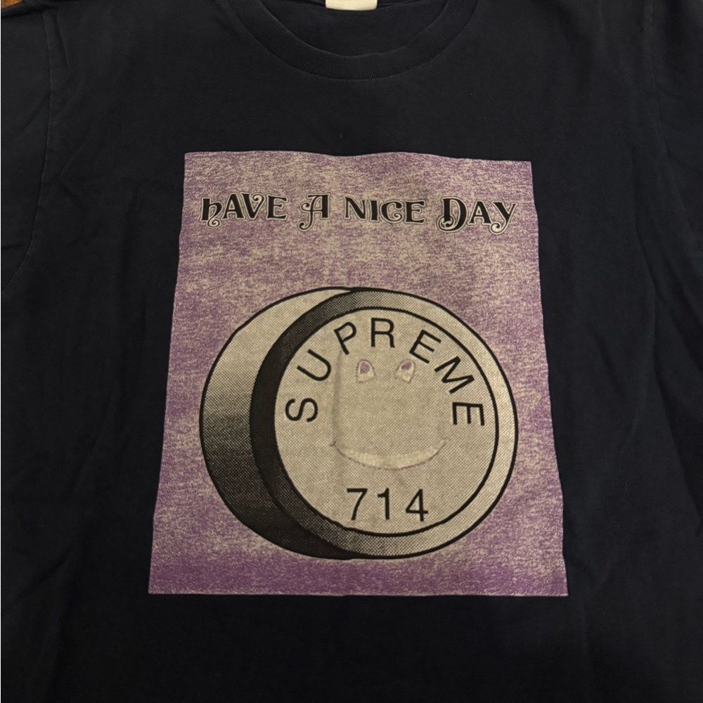 Supreme Navy Graphic 'Have A Nice Day' Tee with Purple Panel - Picture 2 of 3